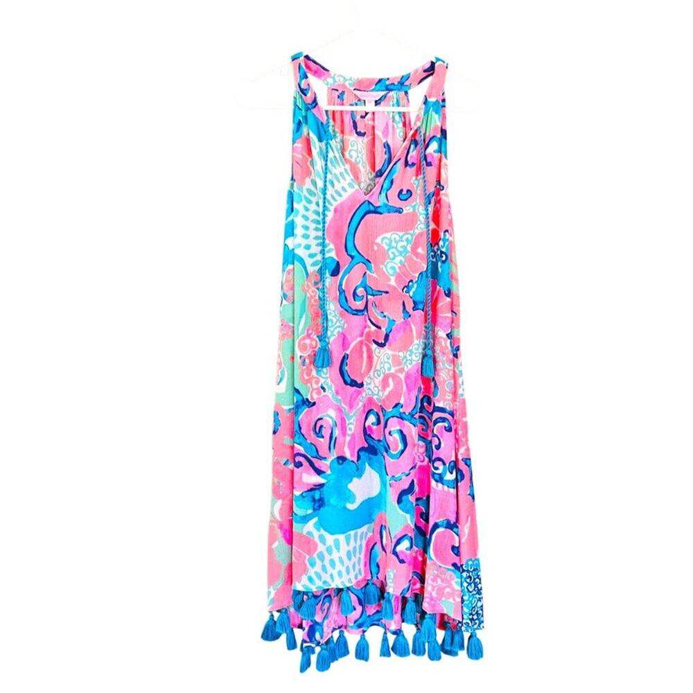 Lilly Pulitzer Roxi Swing Dress Coral Reef I'm So Jelly Tasseled Hem Sz XXS